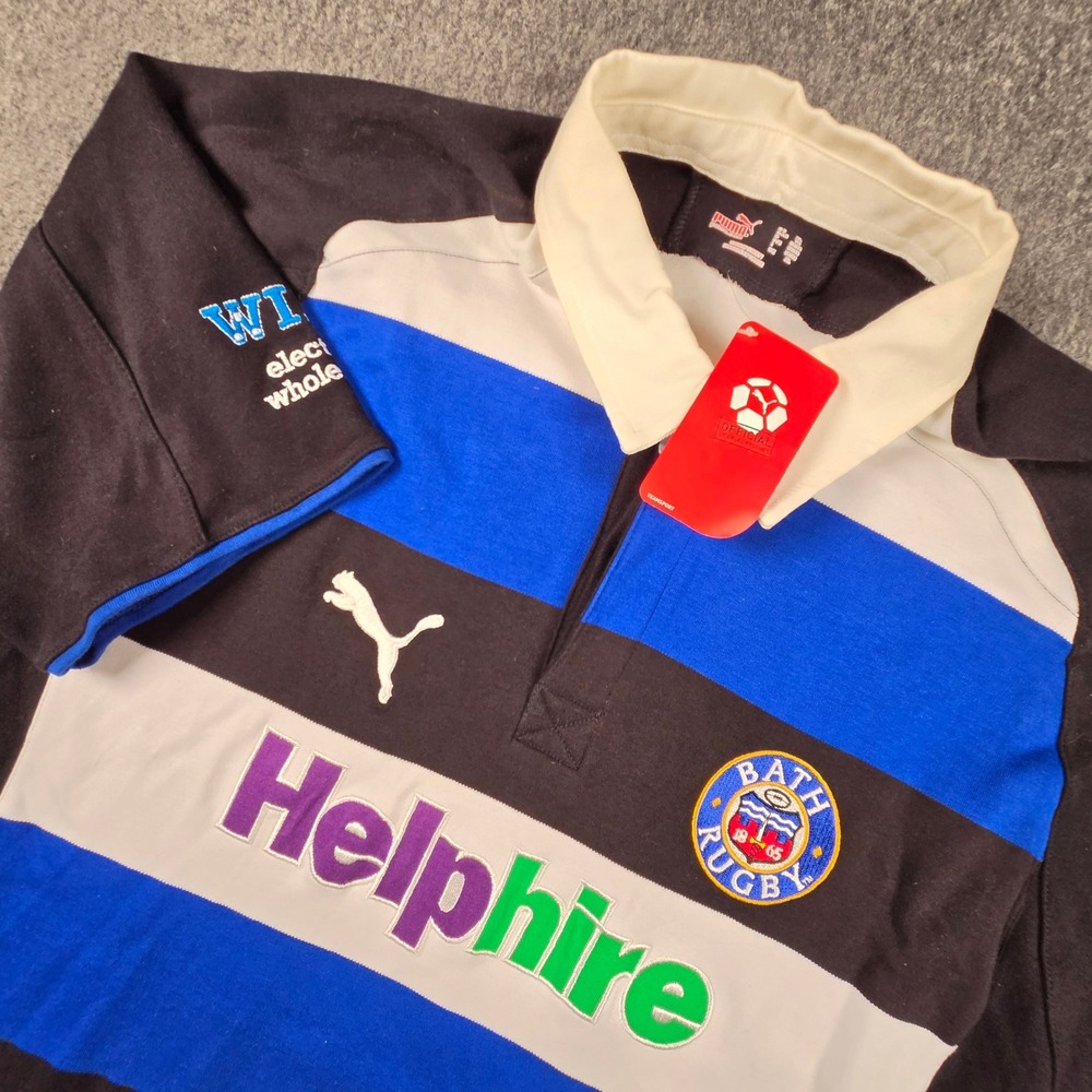 Puma Bath Rugby Jersey Mens Large Blue Black White Striped Helphire Shirt NWT